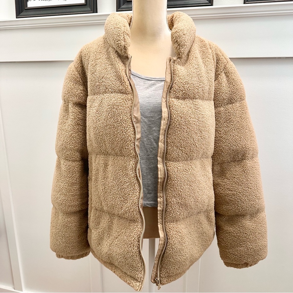 Pink Platinum Puffer Sherpa Jacket Teddy Bear Women's 1X Full Zip Tan Brown